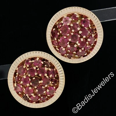Vintage Retro 14k Gold 3ctw Ruby Cluster Fluted Borders Button Omega Earrings - Image 1 of 4