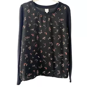 Kaileigh Mixed Media Fabric Black Fleece Floral Print Crew Neck Sweater S - Picture 1 of 9