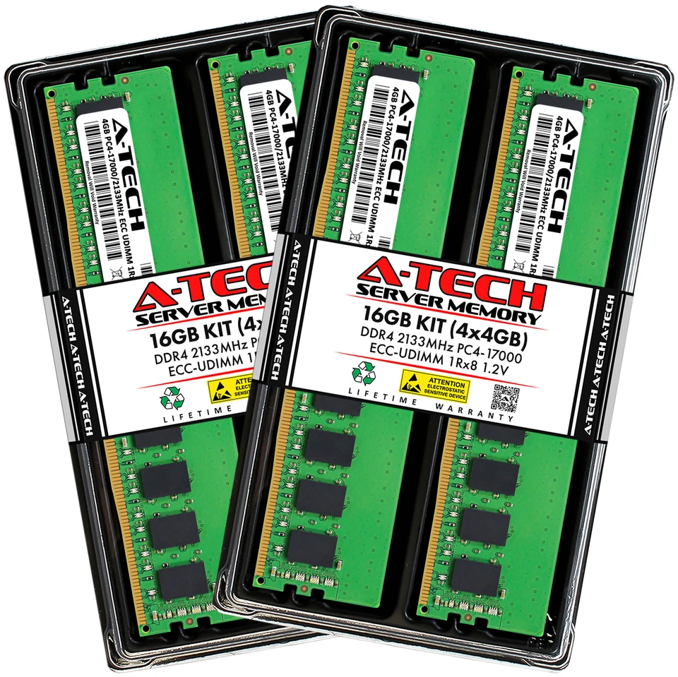 A-Tech 16GB 4x 4GB 1Rx8 PC4-17000E ECC UDIMM DDR4 2133 MHz Server Memory RAM - Image 1 of 4