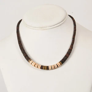 Heishi necklace coconut shell, oyster shell and brass. 16" Choker. - Picture 1 of 10
