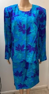 ADRIANNA PAPÉLL Vintage 80s Women's Size 20 100% Silk Lapis/Aqua Skirt Set - Image 1 of 4
