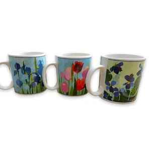 3 Sakura Paper Flowers 10 oz Pansy Tulip Iris Stoneware Cup Mug Pink Blue Set - Picture 1 of 8