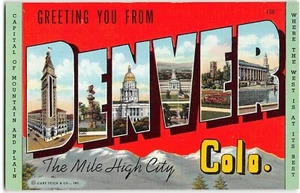 Postal de colección Denver letra grande lino Colorado Mile High City años 40 - Imagen 1 de 2