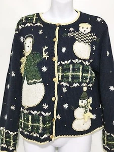 Ugly Christmas Sweater S Navy Blue Snowmen Cardigan Christopher & Banks - Picture 1 of 5