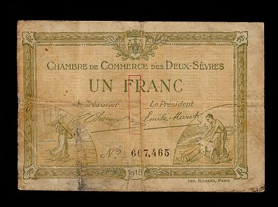 FRANCE 1 FRANC CHAMBRE DE COMMERCE DES DEUX-SEVRES 1915 FINE. - Image 1 of 2