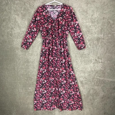 H&M Vestido Dividido Talla 6 Rojo Floral Maxi Transparente Superposición Elástica Cintura Botón Abajo Foto 1 de 4