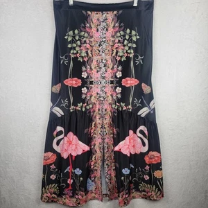 Bohemian 2XL Maxi Skirt Knit Slit Whimsigoth Grunge Colorful Flamingo Floral Art - Picture 1 of 9
