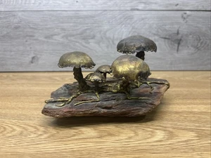 1968 Hand Crafted Copper Mushrooms Sculpture W/ Heavy Stone Base 7x5x4” - Picture 1 of 8