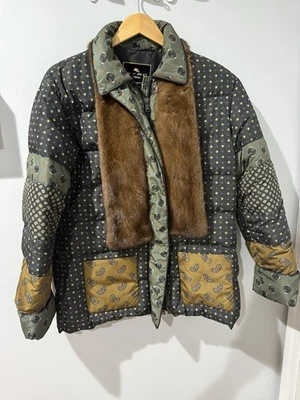 Etro Mink Fur Puffer Winter Coat Jacket Paisley Bandana Green Yellow Sz 48 - Image 1 of 4