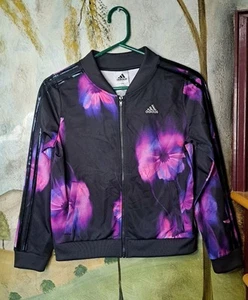 Adidas Girls Floral Black Track Jacket Full Zip Large Size 14 Spring Summer - Picture 1 of 7