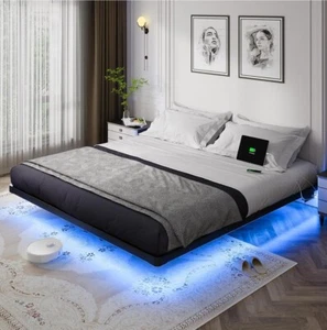 OLEVS King Size Floating Bed Frame with LED Lights and Charging Station - Picture 1 of 6
