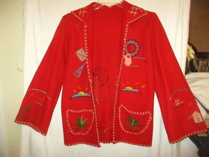 Vintage 40s Mexican Red Wool Felt Tourist Souvenir Jacket S Embroidered Ladies - Picture 1 of 6