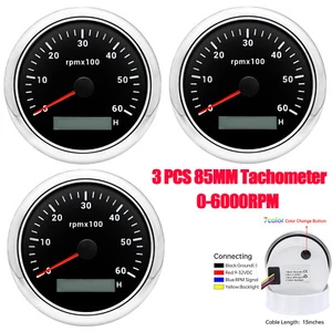 3PCS 85mm Tachometer 0-6000RPM With Hourmeter Gauge for Boat Car Truck ATV SUV - Picture 1 of 19