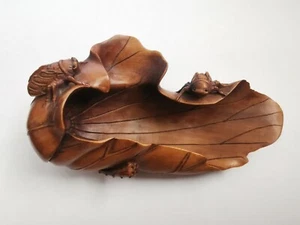 ANTIQUES JAPANESE BOXWOOD WOOD NETSUKE OKIMONO TEA SCOOP CICADA SIGNED HIDEMASA - Picture 1 of 12