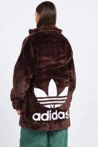 NWT adidas Originals Faux Fur Brown Long Jacket Retro Logo Classic Coat Women L - Picture 1 of 9