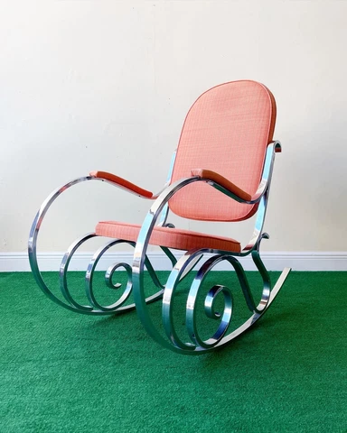 1970s Chrome Rocking Chair With Original Red Fabric Cover