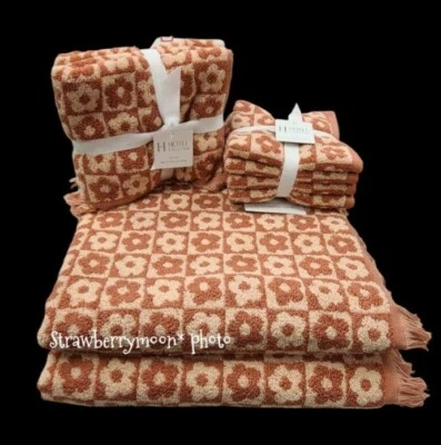 8pc Hotel Collection Fall Bath Hand Washcloth Towel Set  Check Flower Tile NEW - Image 1 of 4