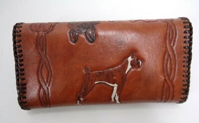 CARTEIRA Vintage Couro Trabalhado à Mão Livro de Cheques Boxer Bulldog Francês Cães Pintados - Imagem 1 de 4