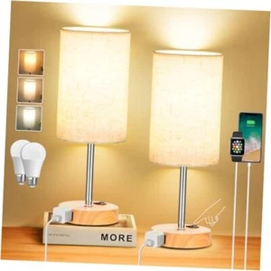 Table Lamp for Bedroom Set of 2, Bedside Small Flaxen Shade- Woodgrain Base - Picture 1 of 7