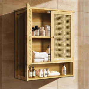Badezimmerschrank Hängeschrank Bad Wandschrank aus Bambus mit verstellbar Ablage - Bild 1 von 14