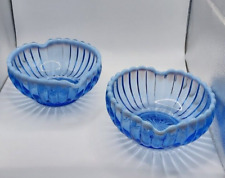 set of 2 1960's Vint Fenton 6" Blue Opalescent Ribbed Heart Bowls Candy Trinket