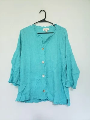 Norm Thompson 女式 Plus 2X 衬衫绿松石褶皱缩褶贝壳纽扣人造丝 — 第 1/4 张图片