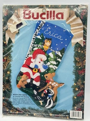 Vintage 1993 Bucilla Woodland Santa Felt Christmas Stocking Kit #83006 18" New - Image 1 of 4