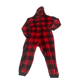 Damen Micro Fleece Kapuze Einteiler Pyjama rot kariert Büffel kariert Übergröße 2XL - Bild 1 von 16