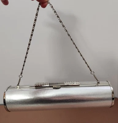 Vintage Silver Metallic Clutch Rhinestone Clasp Rare Elegant Evening Bag Purse - Image 1 of 4