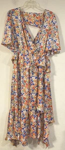 Maxi abito Topshop scollo a V profondo manica svasata taglia 12 volant floreale assimetrico - Foto 1 di 8