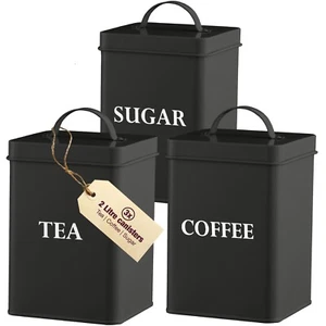 Vintage Tea Coffee Sugar Canisters Black Kitchen Storage Jars Pot Set Of 3 - Picture 1 of 9