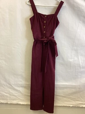Hollister Burgundy Pin Striped Tie Waist Jumpsuit with Buttons womens Sz M - Image 1 of 4