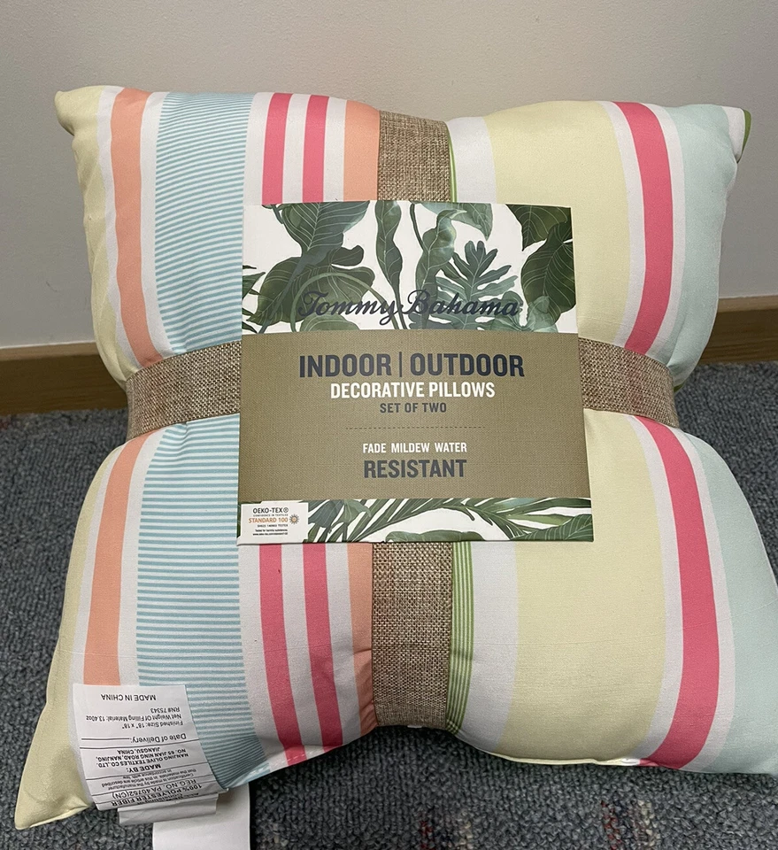 TOMMY BAHAMA X2 Striped Indoor/Outdoor Pillows Mildew Fade Water Resistant - Image 1 of 1