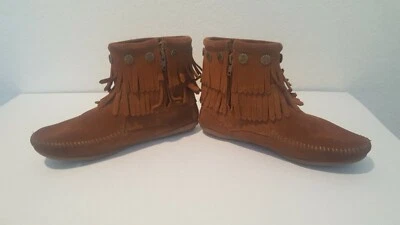 Minnitonka Womens Size 6M Cognac Suede Double Fringe Trim Ankle Boots - Image 1 of 4