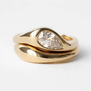 Flush Set East West Pear Moissanite Solitaire Ring Curved Band Wedding Ring Set - Picture 1 of 14