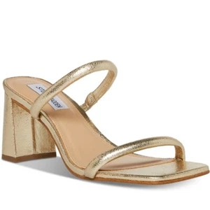NWT Steve Madden Block Heel Sandal Lilah Minimalist Strappy Square Toe Gold 9 - Picture 1 of 10