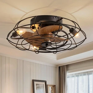 20" Black Industrial Ceiling Fan with Light Rustic Caged Ceiling Fan and Remote - Picture 1 of 12