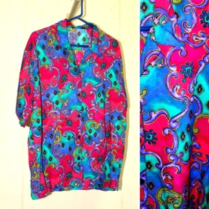 Womens XL Barocco Button Up Shirt Red Blue Aqua Rayon Short Sleeve Vintage 90s - Picture 1 of 6