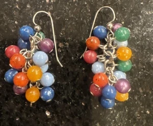 Vintage Semi-Precious Stone ? Bead Cluster Dangle Earrings Silver Tone Wires - Bild 1 von 9