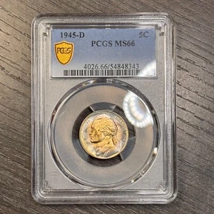MS66 1945-D 5C Jefferson Silver War Nickel, PCGS Trueview- Beautifully Toned - Picture 1 of 5