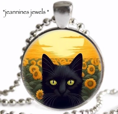 COLLAR Gato Negro Girasol Puesta de Sol Arte Plata Dije Colgante Amante de los Gatos Regalo Foto 1 de 4