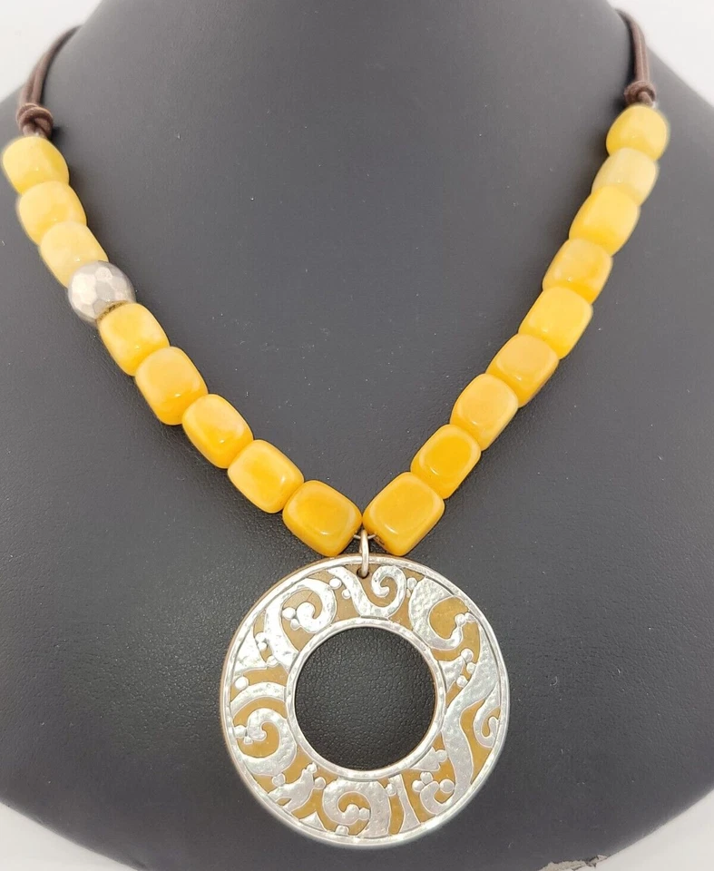 Silpada Yellow Serpentine Jade Sterling Silver Open Work Disc Pendant Necklace - Image 1 of 4