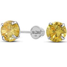 Solid 14K White Gold Round Solitaire Simulated-Citrine Stud Screwback November