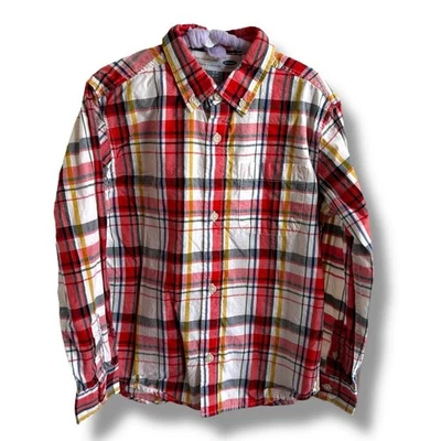 Old Navy Red Gold Blue White Casual Button Down Shirt Plaid S 6-7 - Image 1 of 4