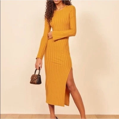 Reformation Dillon Ribbed Midi Dress in Deep Mustard Yellow XS long Sleeve - Image 1 of 4