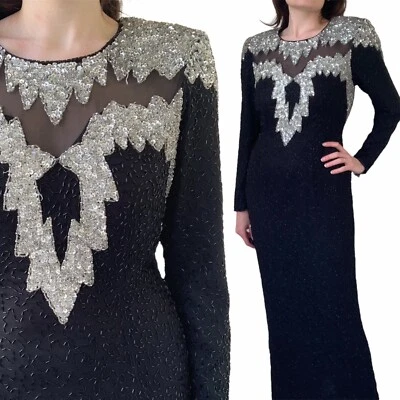 Vestido De Colección Cuentas Pesadas Concurso Formal Vegas Showgirl Años 80 Ojo de Cerradura Vestido Lentejuelas Foto 1 de 4