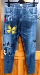 Women LEGGINGS Stretchy Faux Denim Butterfly Printed Spandex mix size L 30' leg - Picture 1 of 3