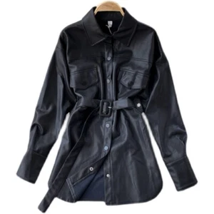 Women Faux Leather Long Shirt Coat Jacket Top Belted Button Pockets Punk Chic - Picture 1 of 16