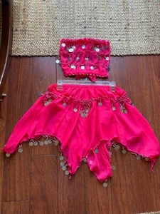 BELLY DANCER GIRLS Fits Most. NEW PINK/SILVER COSTUME 2-PIECE FAUX COIN - Picture 1 of 8