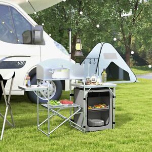 Folding Camping Kitchen with Windshield Portable Camping Cupboard for BBQ Silver